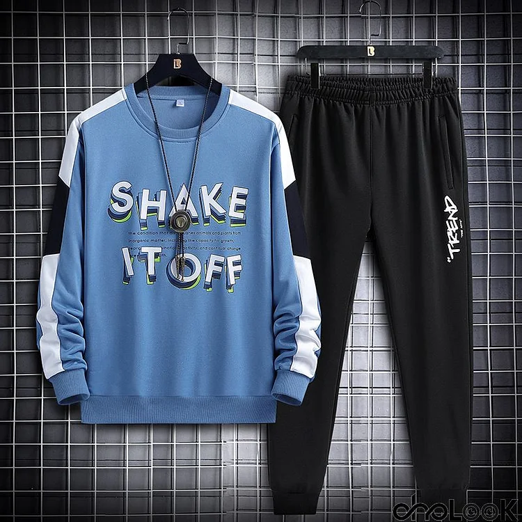 Men Plus Size Casual Long Sleeve Round Neck Letter Printed Sweatshirt And Jogger Pants Two-piece Set