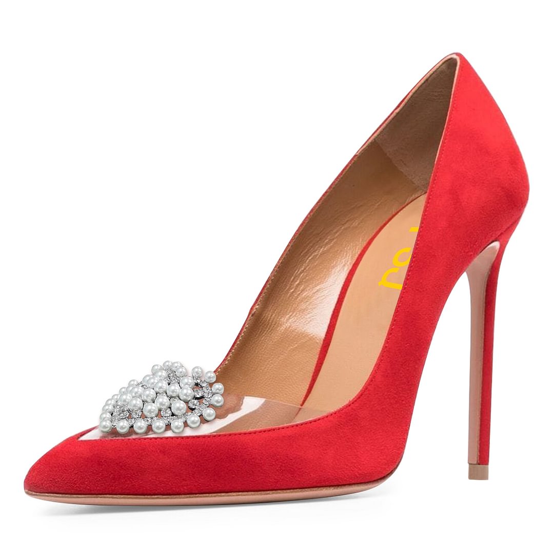 Red Suede Pointed Toe Pumps With Pearl Love Decor Stiletto Heels Nicepairs