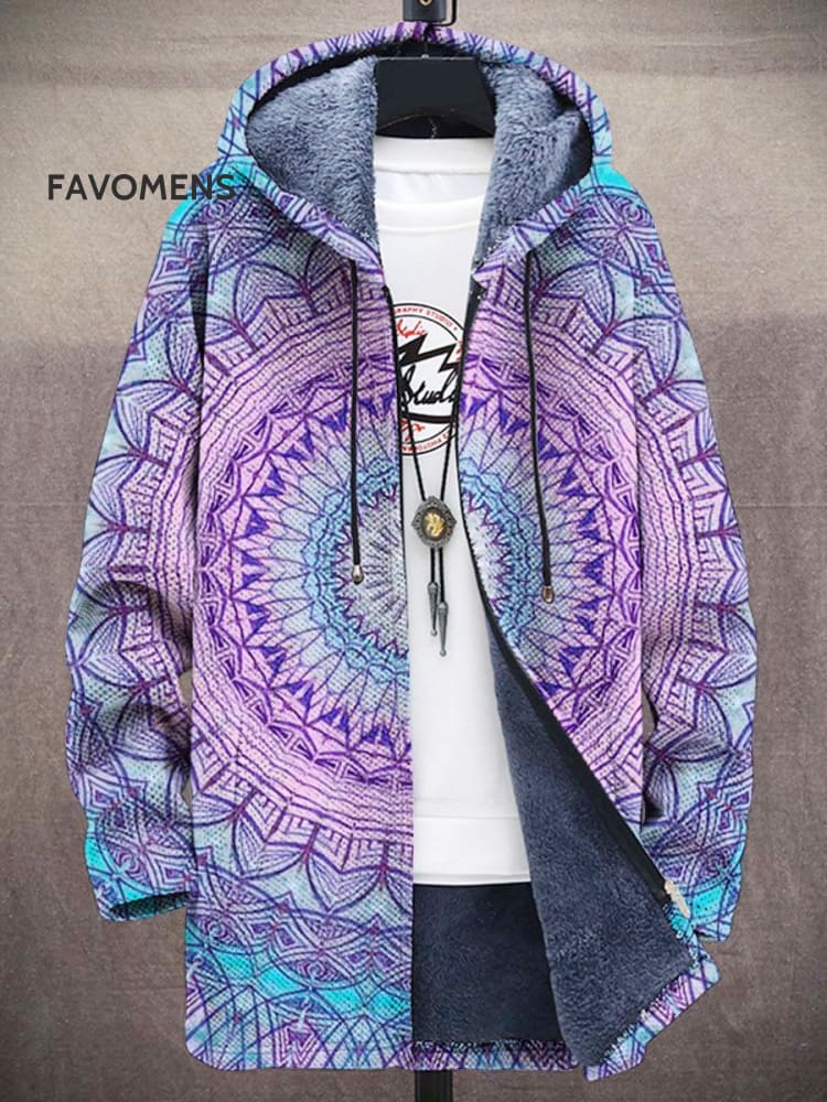 Unisex Plush Thickened Retro Circular Color Gradient Pattern Printed Long Sleeve Cardigan Sweater