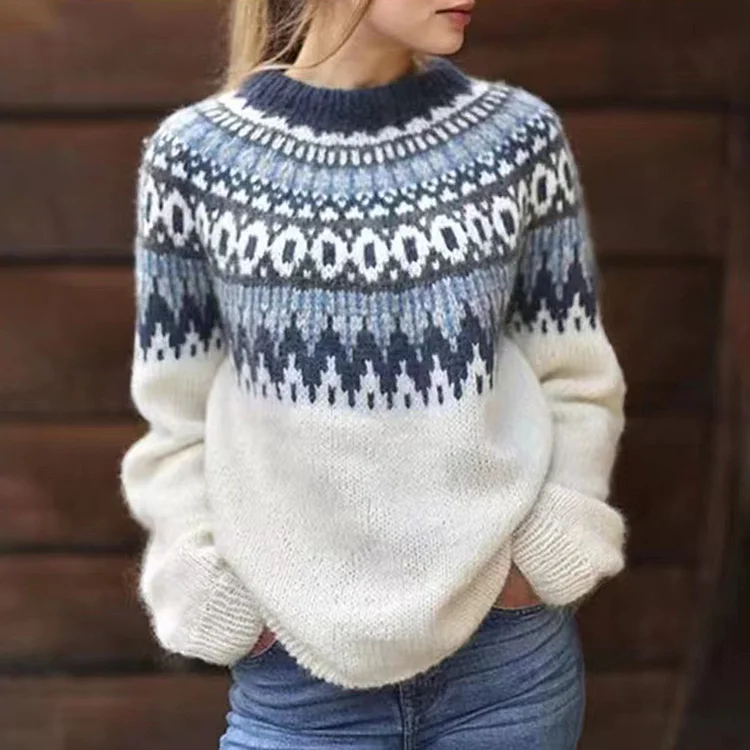 Vintage Loose Contrast Jacquard Turtleneck Sweater