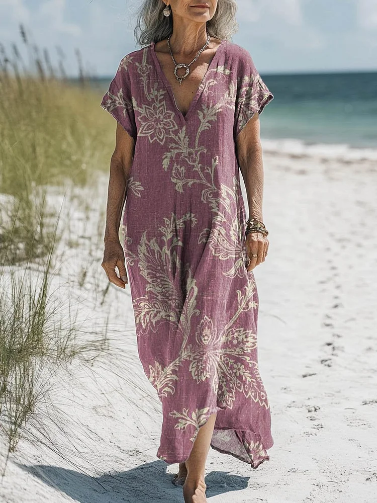 Women's Vintage Lovely Floral Art Print Pocket Cotton Dress