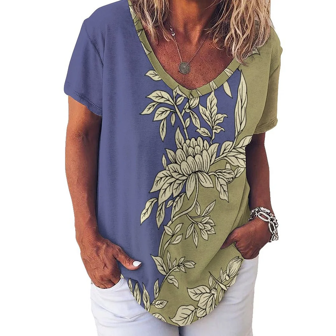 V-neck Short Sleeve Casual T-shirt for  Women Printed with Pattern Floral, Purple