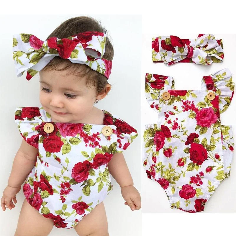 2019 Cute Floral Romper 2pcs Baby Girls Clothes Jumpsuit Romper+Headband 0-24M Age Ifant Toddler Newborn Outfits Set Hot Sale