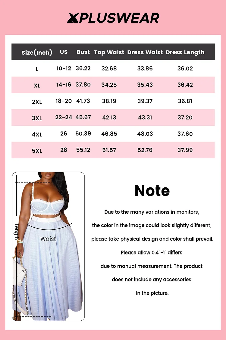 Plus Size Vacation Light Blue Milkmaid Striped Pocket Two Piece Skirt Sets