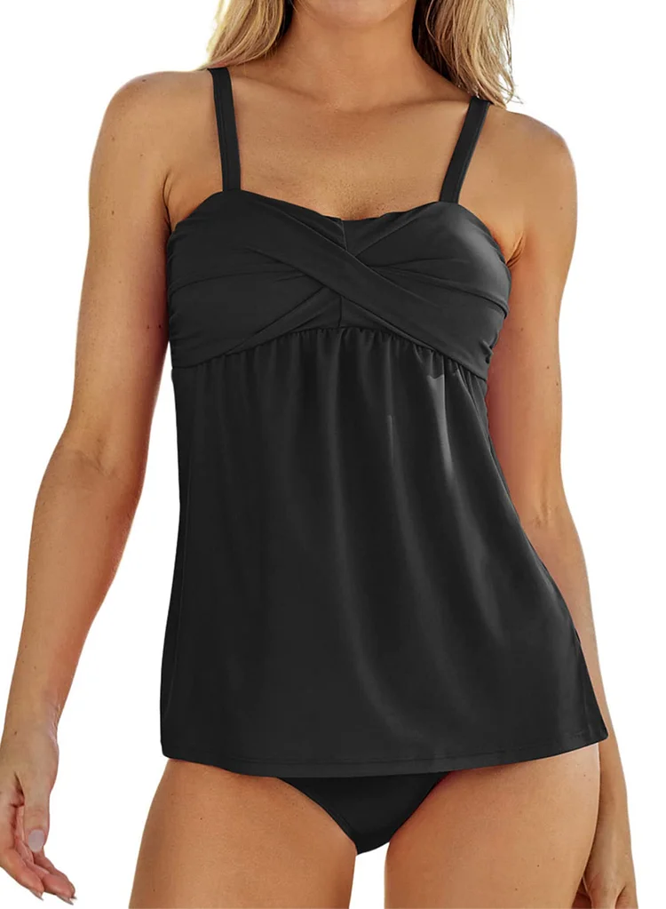Women's Solid Ruched Tankini Top Swimsuit with Triangle Briefs