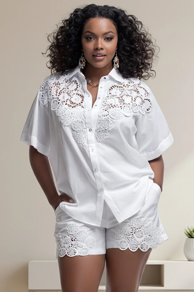 Xpluswear Design Plus Size Vacation Casual White Shirt Collar Short Sleeve Cut Out Pocket Guipure Lace Two Piece Short Sets [Pre-Order] 2024 - Xpluswear