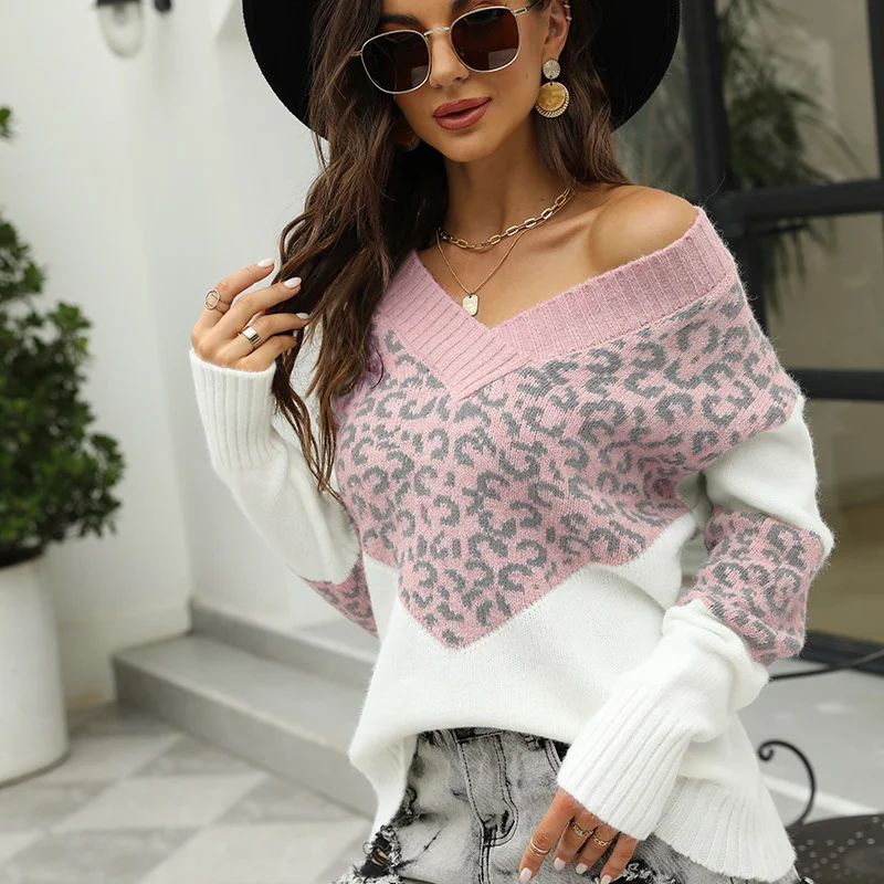 Athvotar Athvotar 2025 New Colored Knitted Shirt Women's Autumn Winter Leopard Tard New V-Necked Sweater