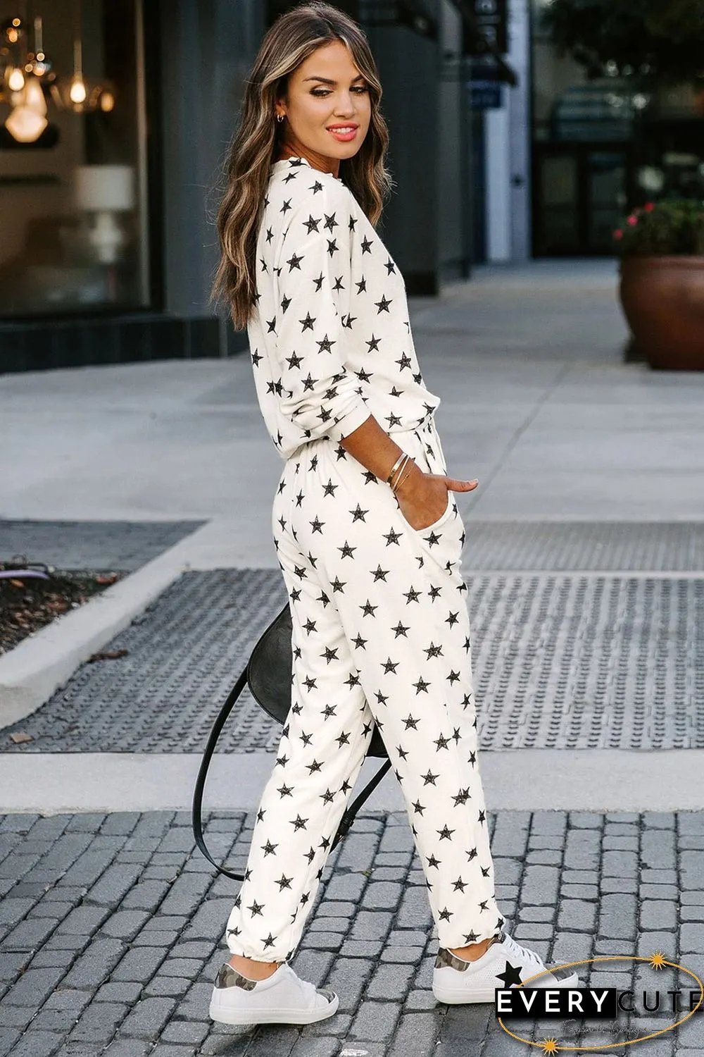 White Crew Neck Star Print Drawstring Loungewear Set with Pocket