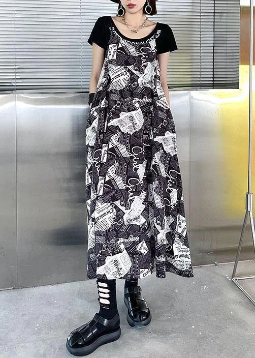 Chic Black Cold Shoulder Print Side Open Cotton Sleeveless Summer Maxi Dress