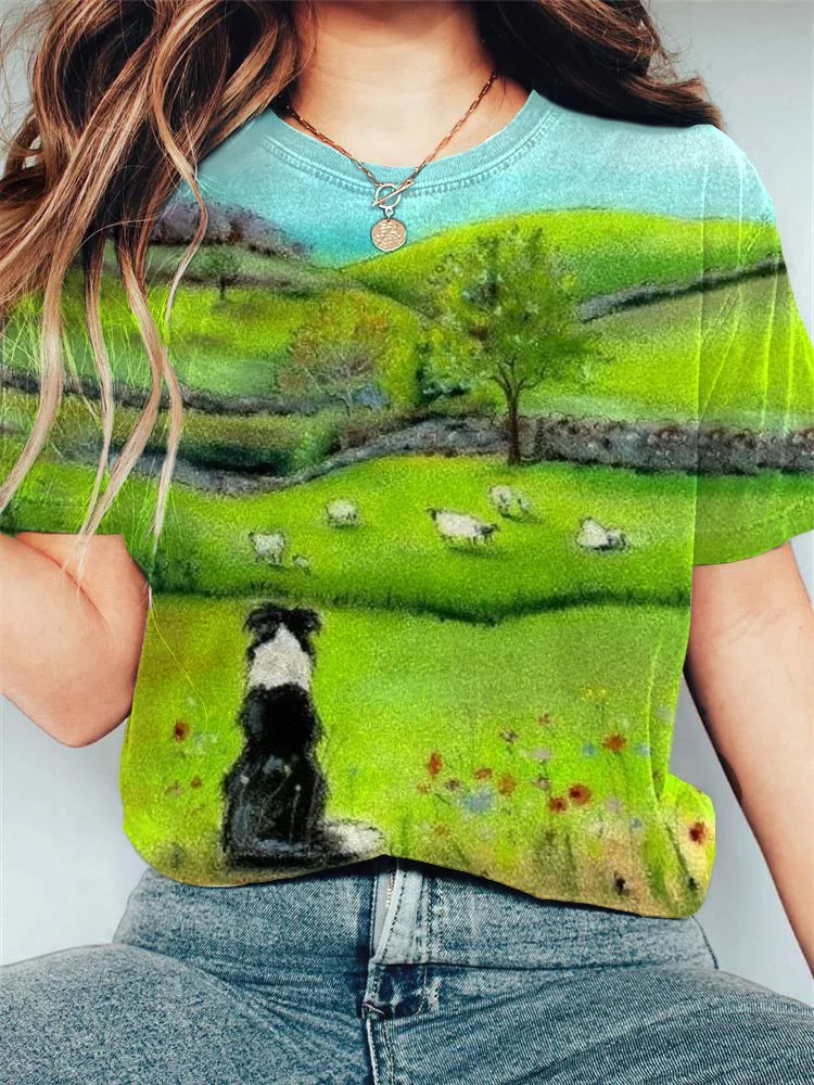 Women's Casual Farm Sheep Flock And Collie Print T-shirt