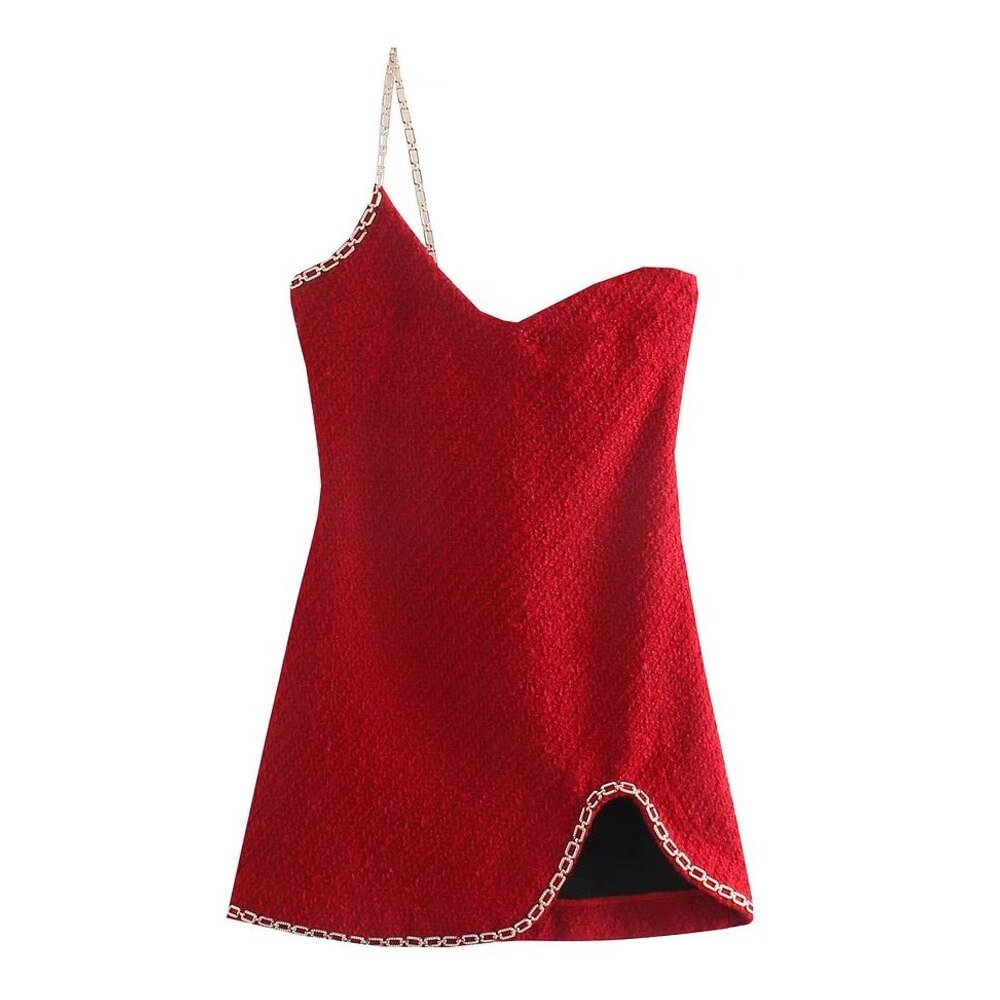 TRAF Women Chic Fashion With Chain Asymmetric Tweed Mini Dress Vintage Backless Zipper Thin Straps Female Dresses Vestidos