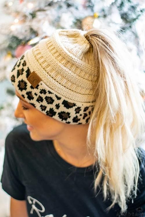 Animal Print Messy Bun Beanie