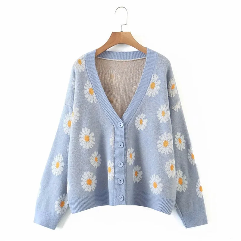 Autumn Flower Cardigan for Women Sweater Women College Knit Long Sleeve Top Loose Green Sweater Female Sueters De Mujer