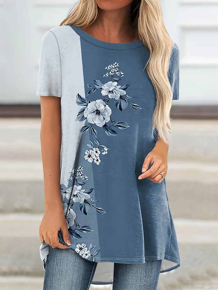 Spring-Summer Fashion Floral Print Fashion Holiday Short-Sleeved T-Shirt