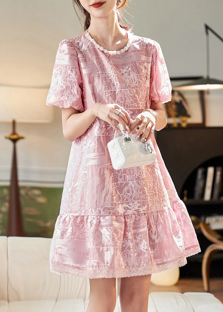 DIY Pink Embroidered Patchwork Nail Bead Chiffon Mid Dresses Short Sleeve