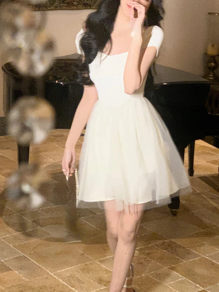 Aiertu Pure Color French Elegant Dress Office Lady 2023 Summer Short Sleeve Fairy Midi Dress Casual Fashion Evening Party Dress Woman Aiertu