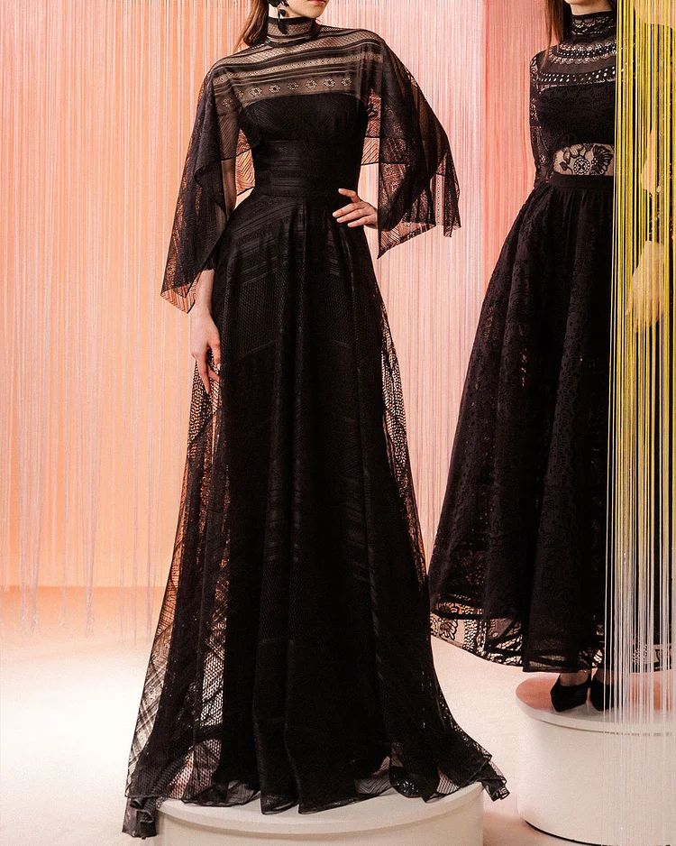 High Collar And Asymmetrical Cape Like Sleeves Lace Maxi Dress