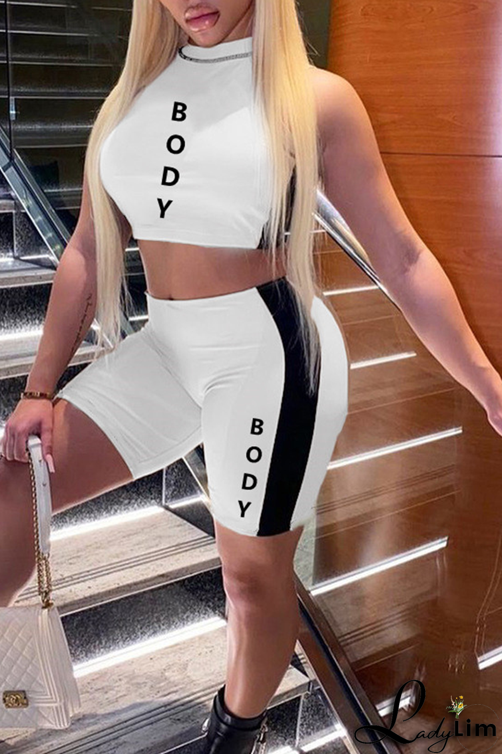 Red Fashion Print Letter Half A Turtleneck Sleeveless Two Pieces