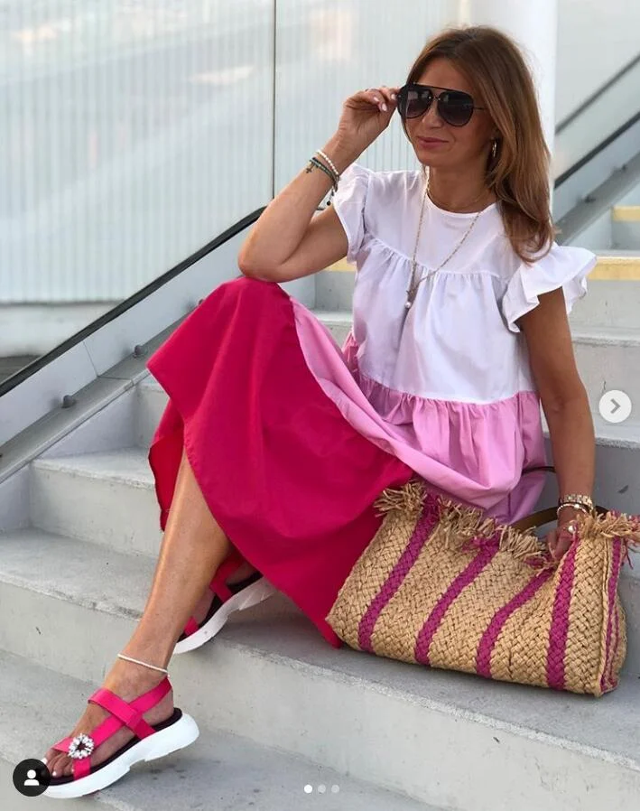 summer 2021 new design sweety Contrast dress Women O Neck Half Sleeve Oversize Casual Midi Dresses Female