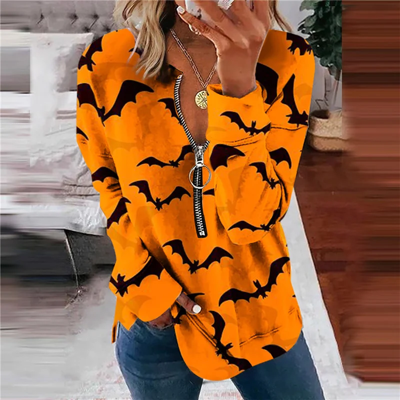 Halloween Half-zip Pumpkin Bats Printed Casual Long-sleeved T-shirt