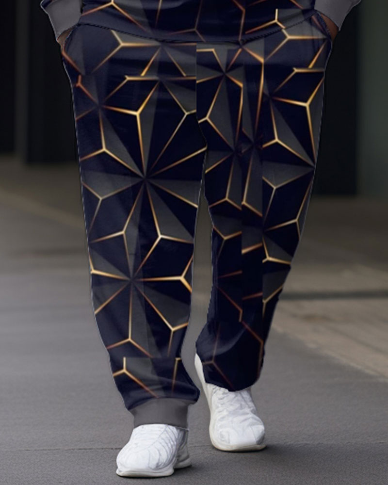 Men's Plus Size Abstract Graphic Zip Polo Shirt & Pants Two Piece Set