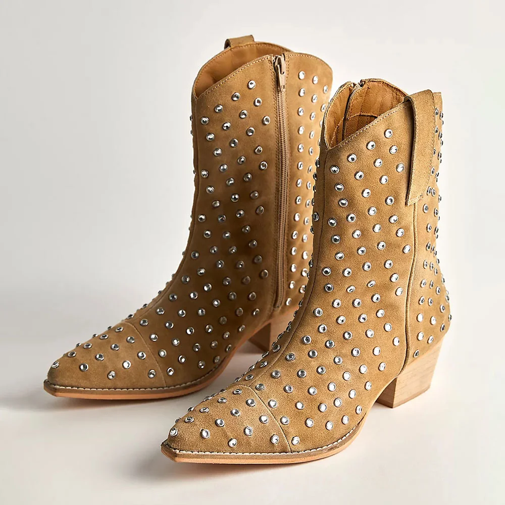 Tan Vegan Suede Pointed Toe Chunky Heel Rhinestone Cowgirl Boots