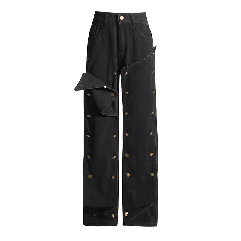 Brownm Vintage High Street Broad Leg Pants 2025 Summer New Personalized Design Stitching Button High-Waist Jeans Women