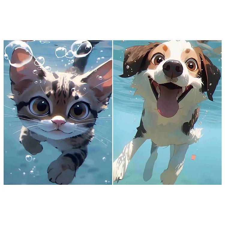 2PCS Swimming Cats And Dogs 30*40CM(Canvas) Full Round Drill Diamond Painting gbfke
