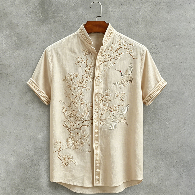 Japanese Style Cherry Blossom And Cranes Art Embroidered Short Sleeve Shirt elevenforest