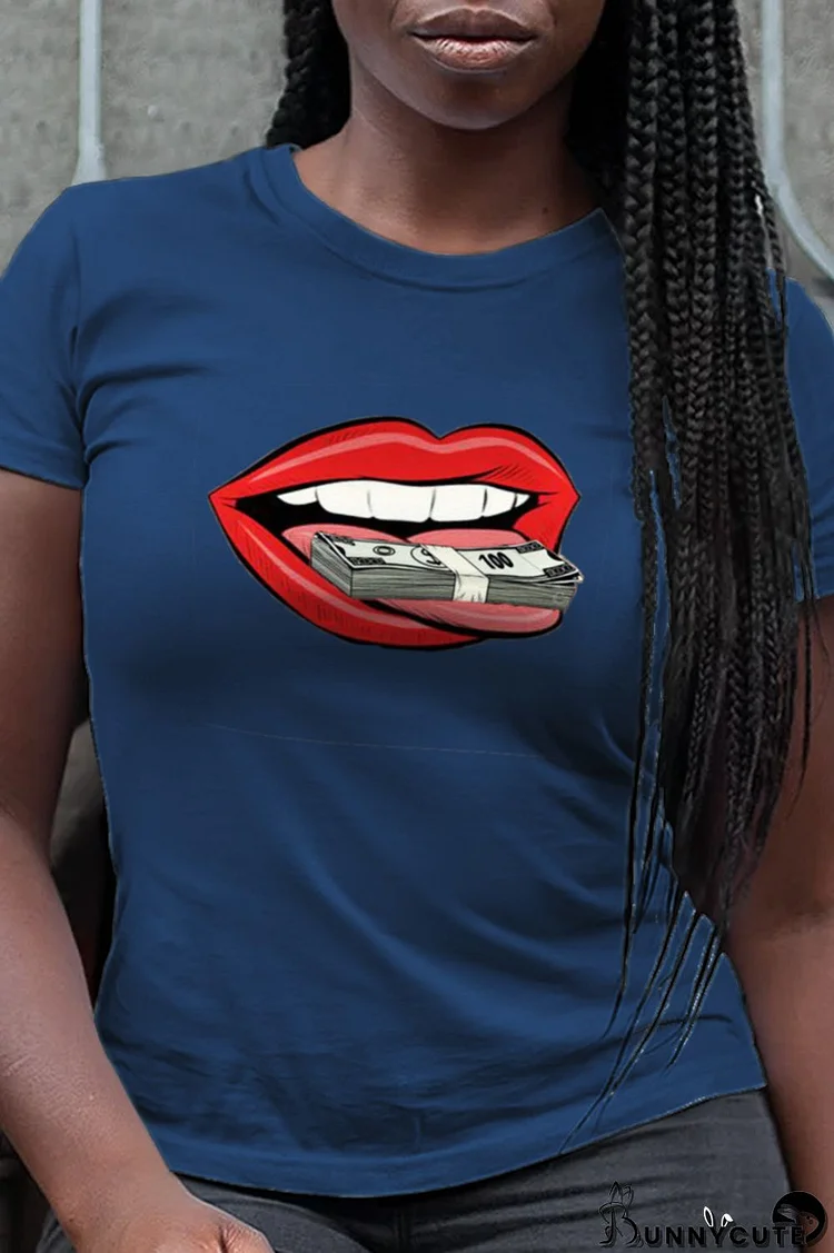 Navy Blue Fashion Street Lips Printed Split Joint O Neck T-Shirts