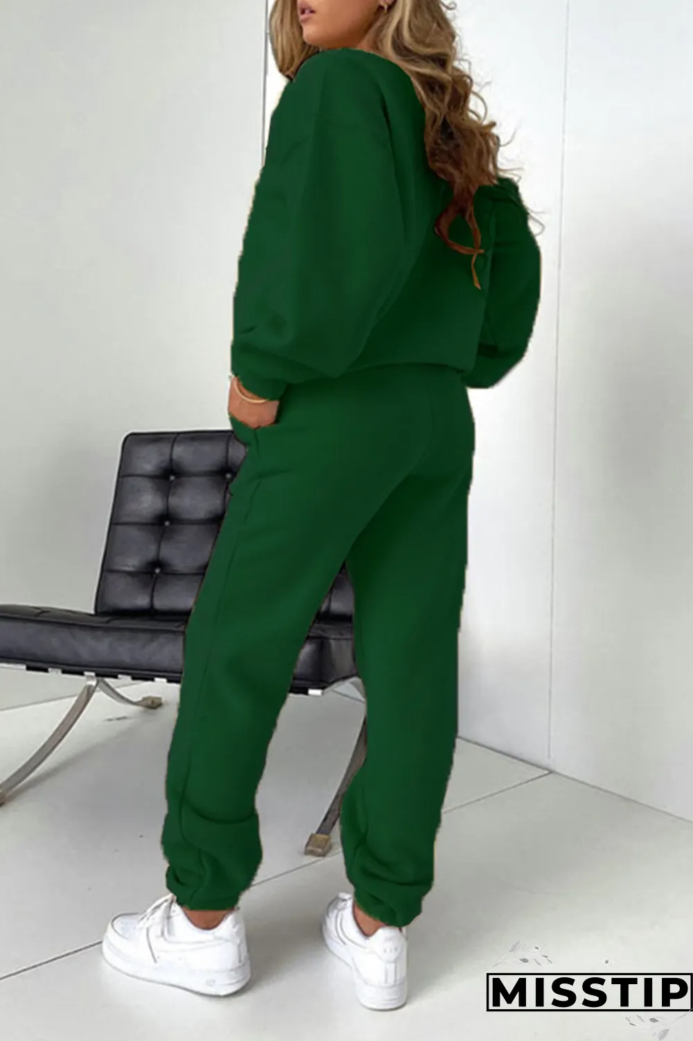 Dark Green Street Print Letter O Neck Long Sleeve Two Pieces