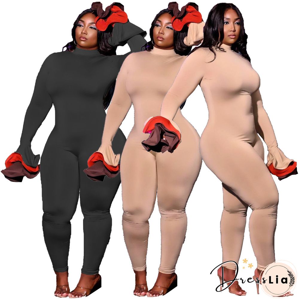 Matching Color Flared Sleeve High Waist Bodycon Jumpsuit