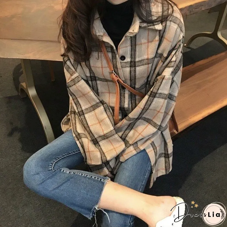 Christmas Gift Women Shirts Autumn Female Outwear Woolen Plaid Soft Cozy Simple Elegant Office Korean Trendy Ulzzang Chic Ins Oversize 2XL Slim