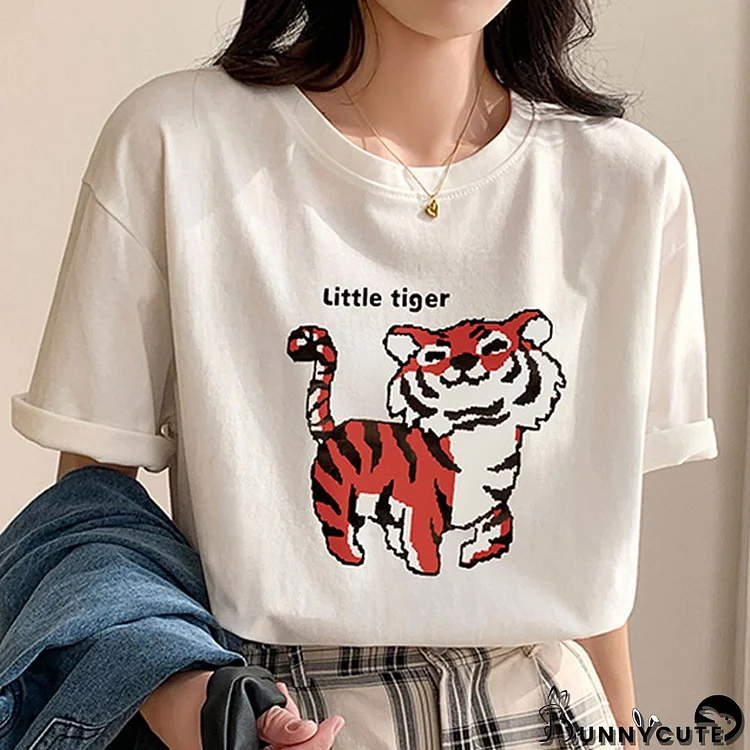 Little Tiger Print Round Collar Loose T-Shirt