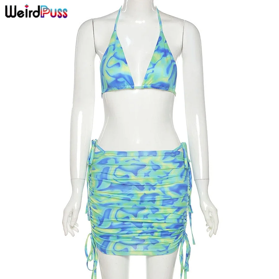 Weird Puss Summer Swimsuit Women Sexy Trend Bikini Tops+Skirt Suits Beach Style Matching Sets Chic Fairy Grunge Vacation Outfits