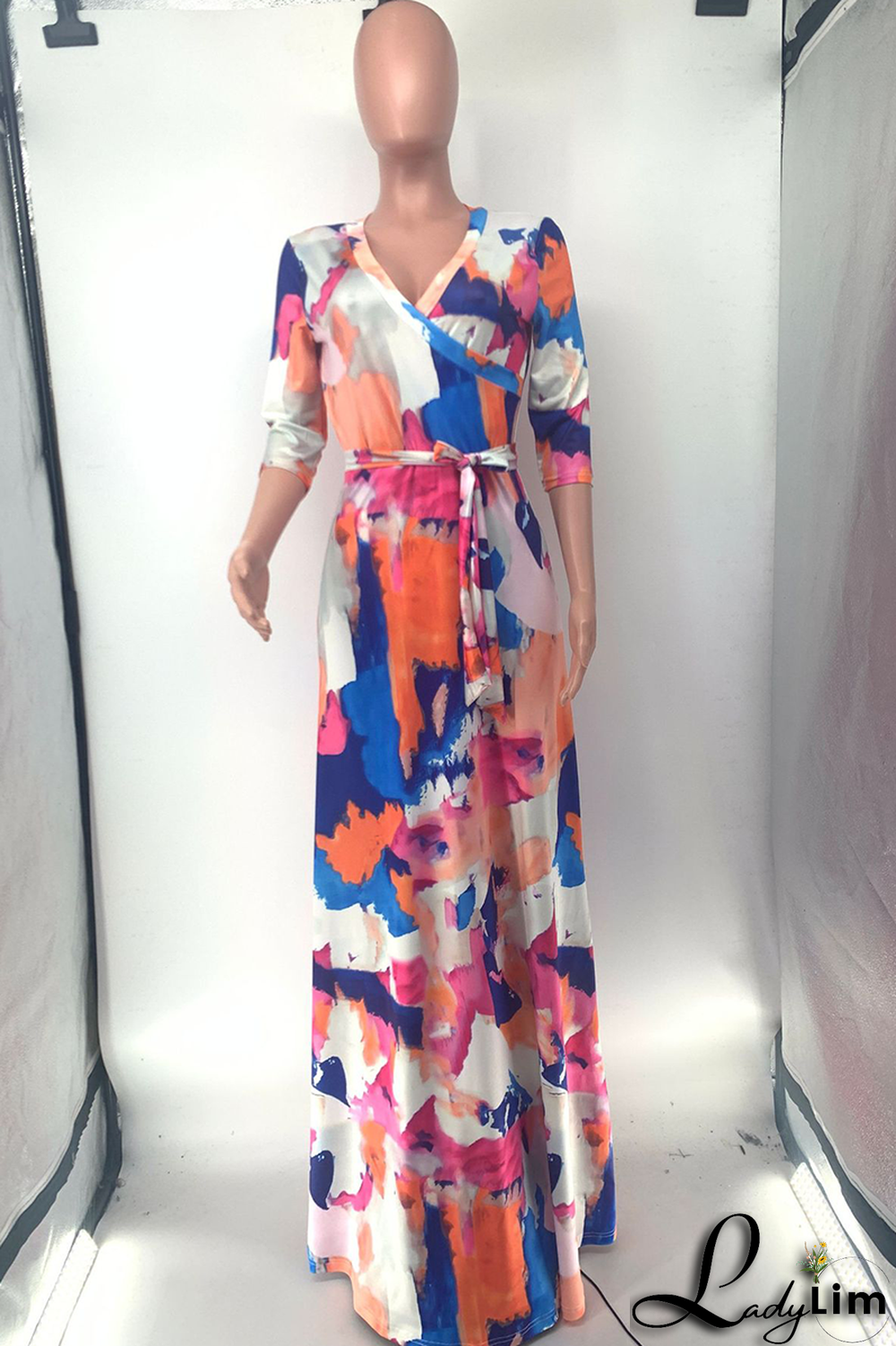 Colour Casual Print Split Joint V Neck Waist Skirt Dresses