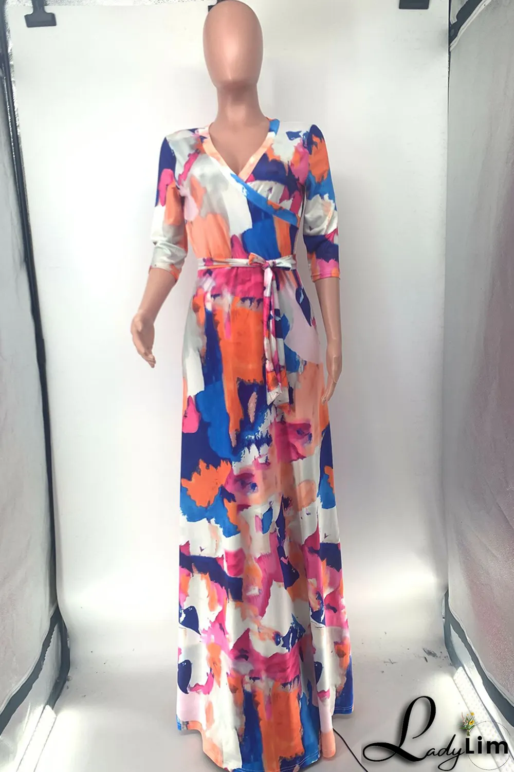 Colour Casual Print Split Joint V Neck Waist Skirt Dresses