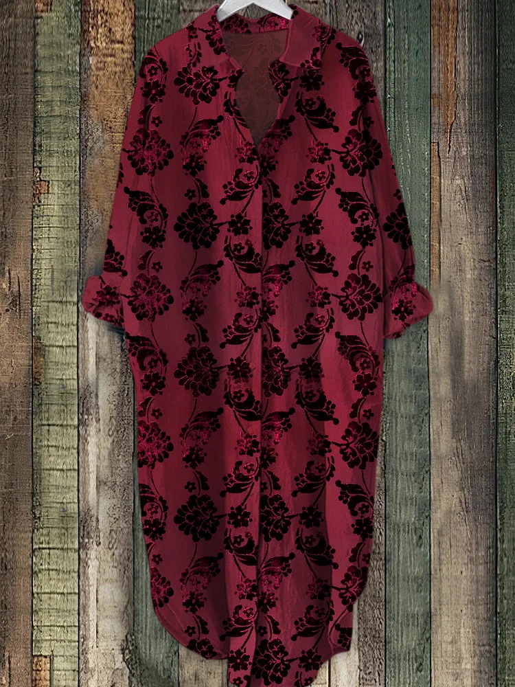 Retro Boho Floral Art Imprimé Élégant Vintage Revers Lâche Manches Longues Midi Robe Chemise