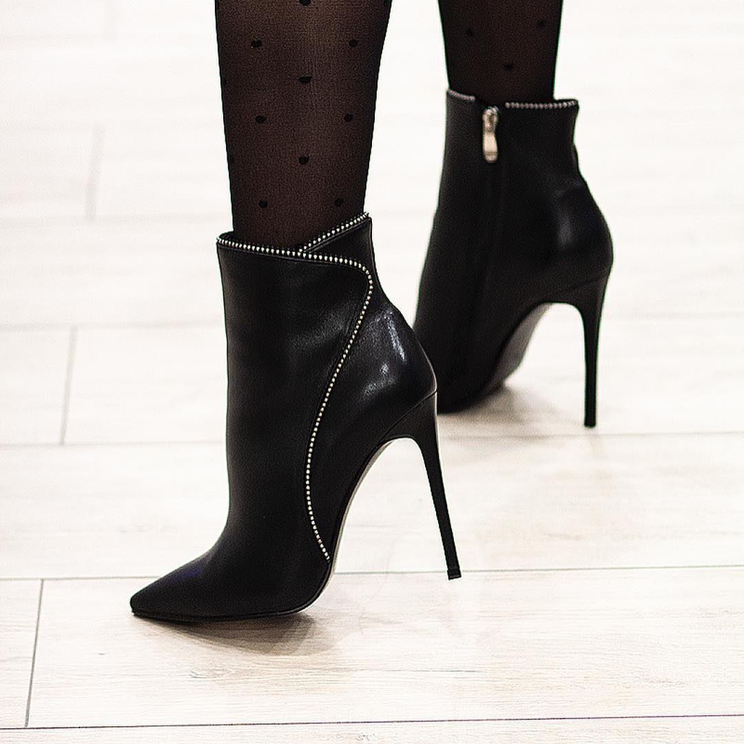 Black Pointed Toe Silver Beaded Trim Ankle Boots with Stiletto Heels