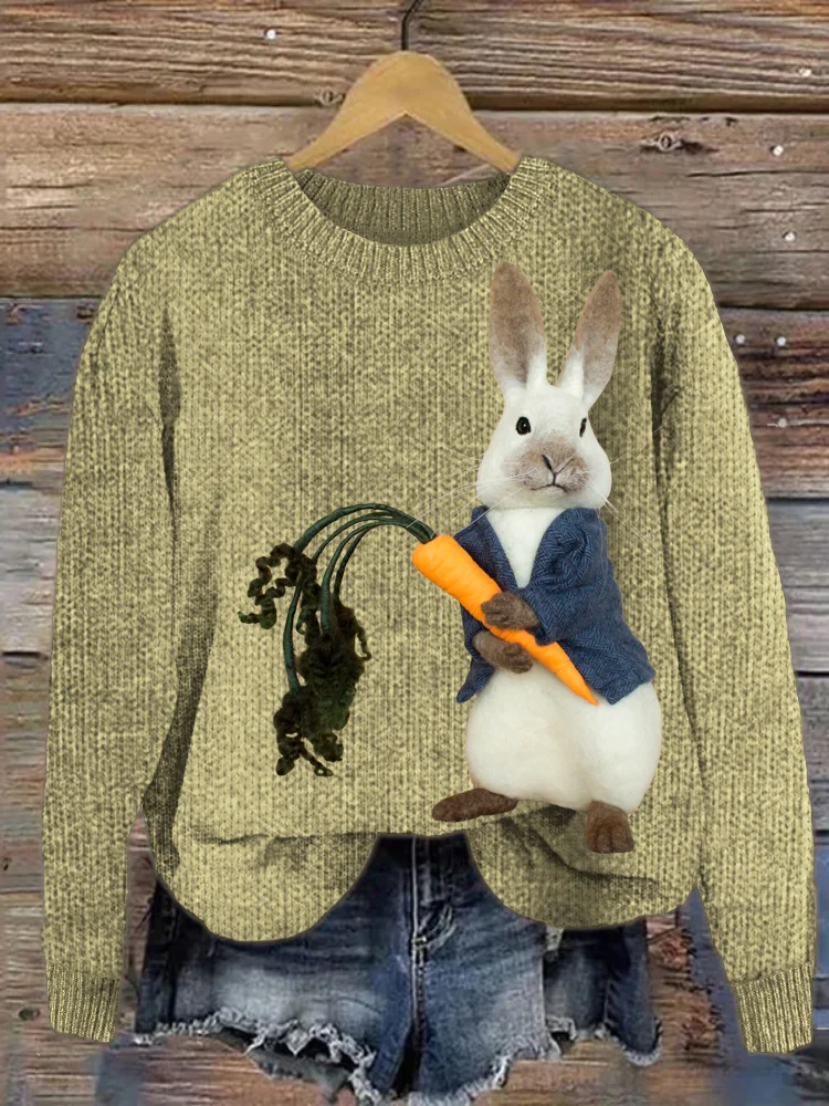 VChics Easter Farm Bunny Felt Art Cozy Knit Sweater