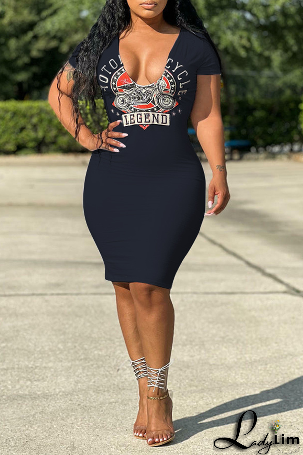 Tangerine Red Fashion Print Patchwork V Neck Pencil Skirt Dresses