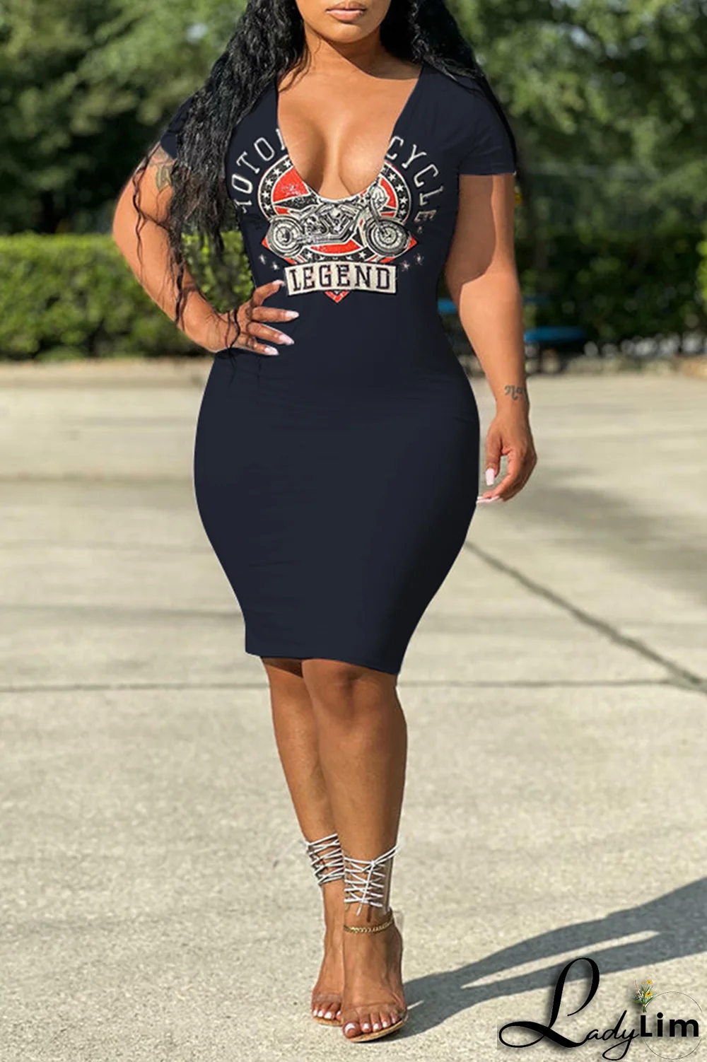 Tangerine Red Fashion Print Patchwork V Neck Pencil Skirt Dresses