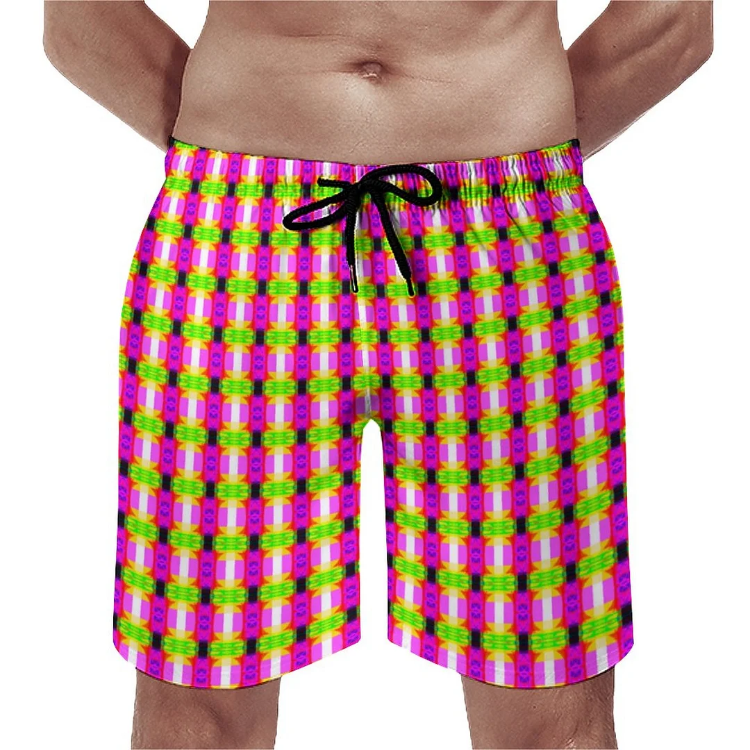 Abstract Background Colorful Tartan Men's Swim Trunks Summer Board Shorts Quick Dry Beach Short with Pockets