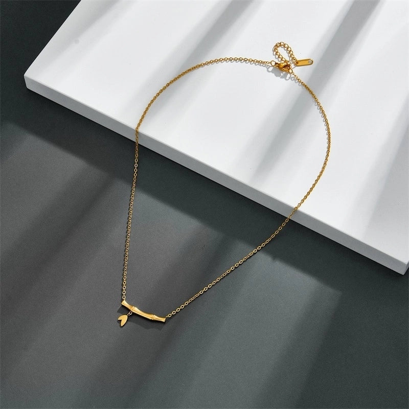 Titanium Steel 18K Gold Plated Minimalist Bamboo Zircon Necklace