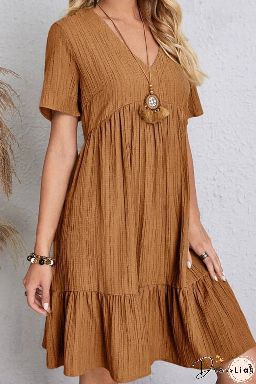 Full Size Ruched V-Neck Short Sleeve Dress