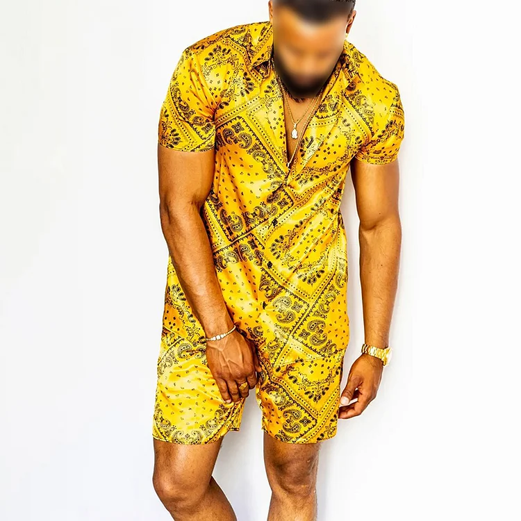 BrosWear Trendy Yellow Perris Print Shirt And Short Co-Ord