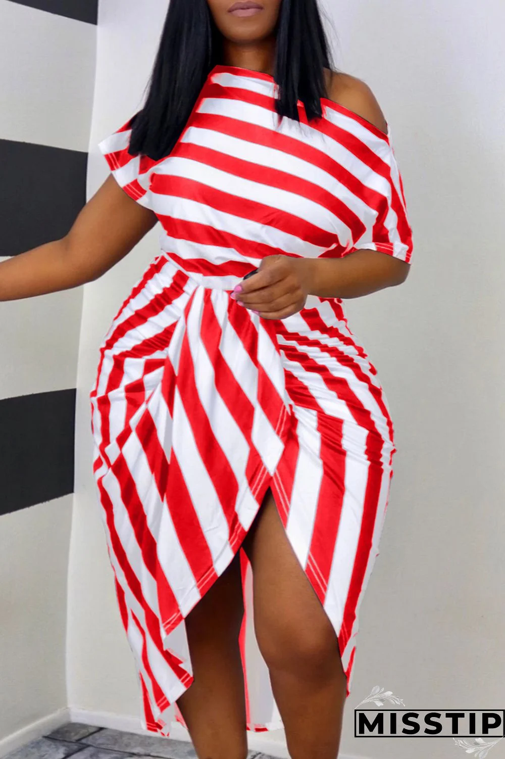 Red Fashion Casual Striped Print Asymmetrical Oblique Collar Short Sleeve Dress Plus Size Dresses