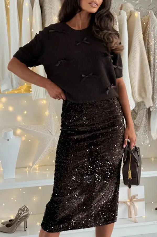 Light The Night Velvet Sequin High Rise Elastic Waist Pencil Slit Midi Skirt