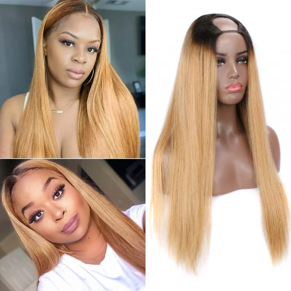 Straight T1B 27 Ombre Blonde U part Wig V Part Human Hair Wig