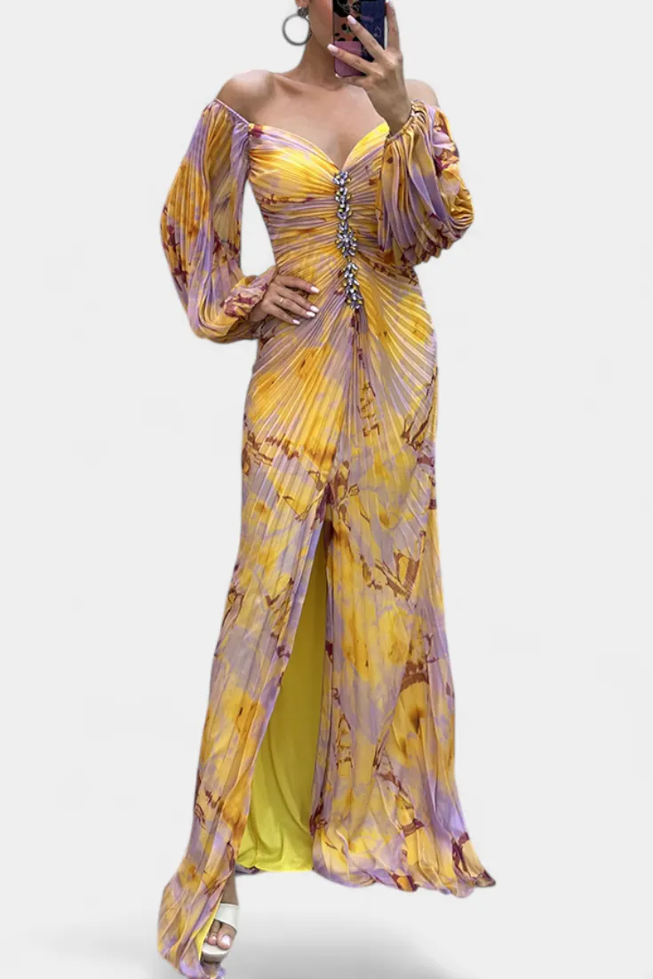 Off-Shoulder Pleated Maxi with Puff Sleeves